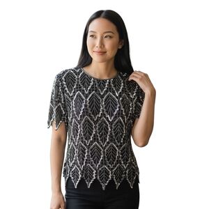 Laurence Kazar Vintage Silk Blouse Womens L Black Silver Sequin Holidays Event